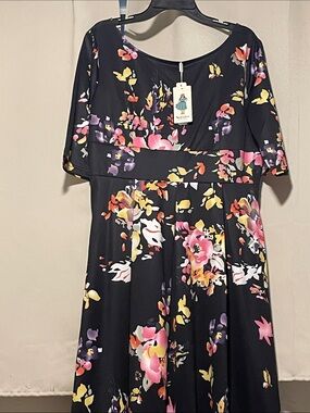 Nemidor Floral Asymmetrical Women's Dress - 14 Black with Pink & Yellow Blossoms